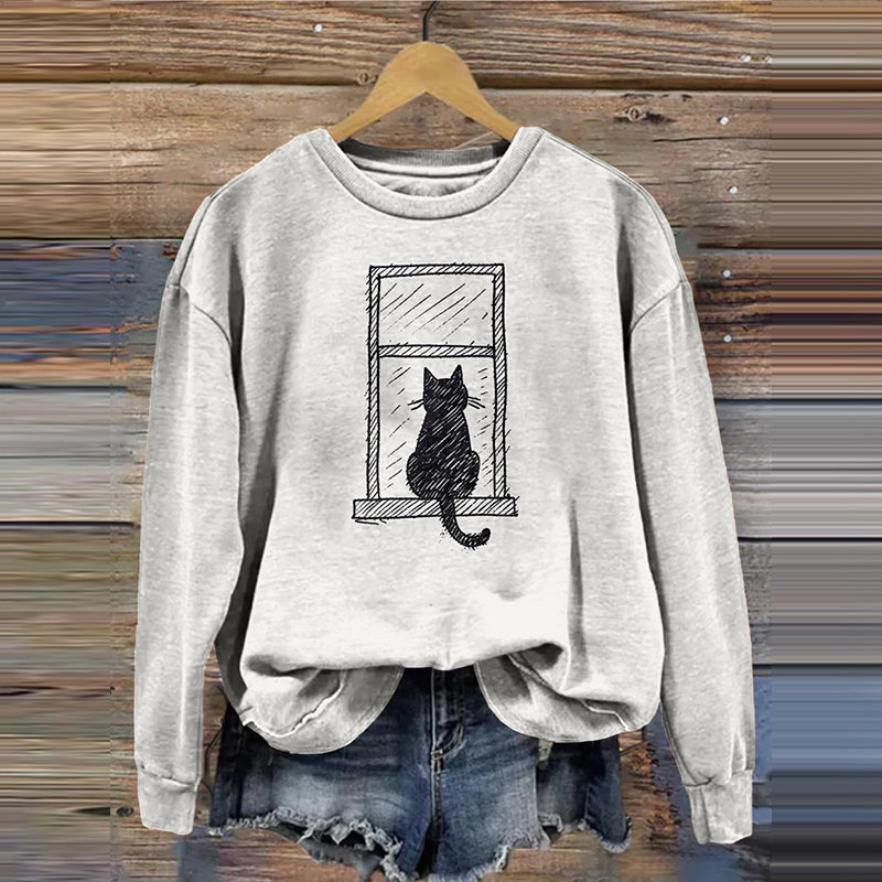 Lovely Simple Cat Art Print Vintage Cozy Sweatshirt elevenforest