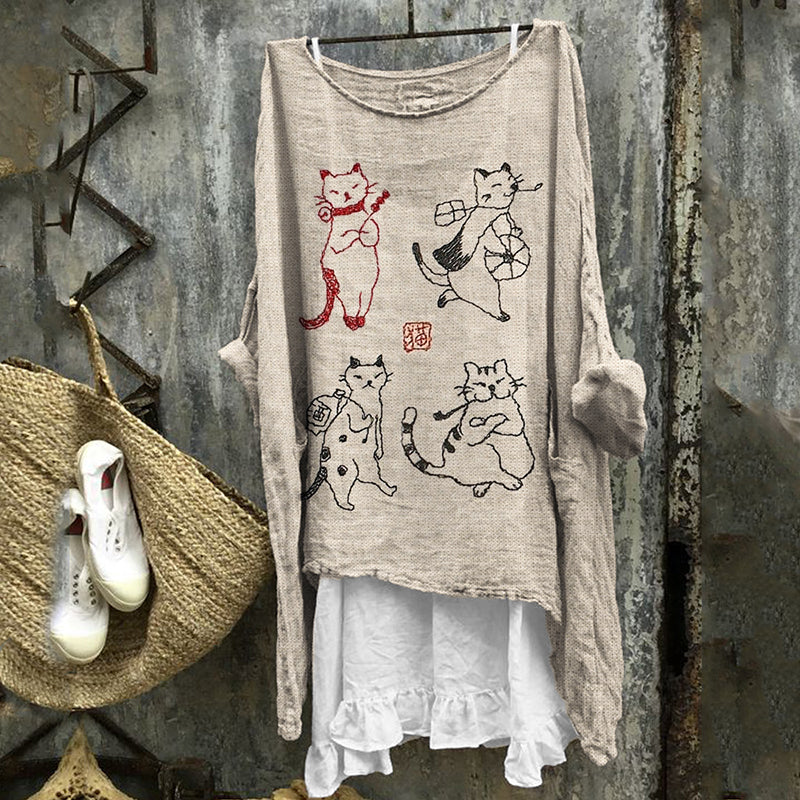 Funny Cat Japanese Art Embroidered Linen Blend Tunic elevenforest
