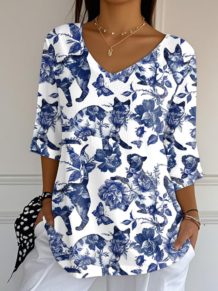 Women's Retro Animal Cat Realistic Print Mid Sleeve T-shirt elevenforest