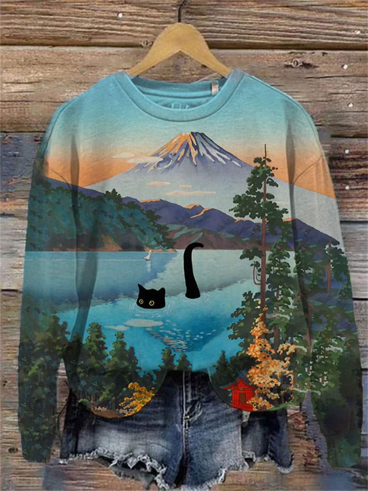 Women's Casual Japanese Art Funny Black Cat Print Sweatshirt elevenforest
