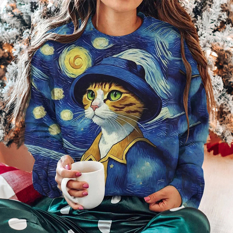 Women's Winter Funny Cute Cat Print Sweatshirt elevenforest