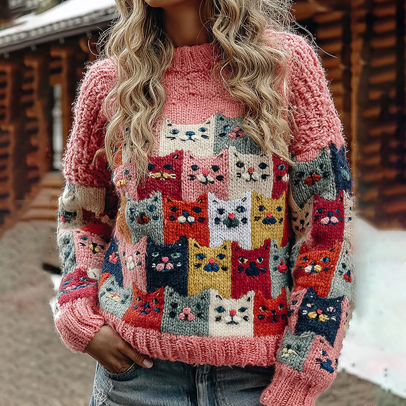 Colorful Winter Cats Pattern Art Cozy Knit Sweater elevenforest