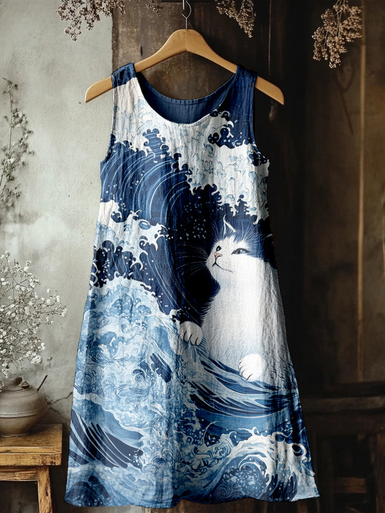 Cat Riding Ocean Wave Japanese Art Linen Tank Dress elevenforest