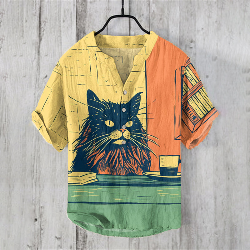 Cat And Coffee Print Casual Linen Blend Shirt elevenforest
