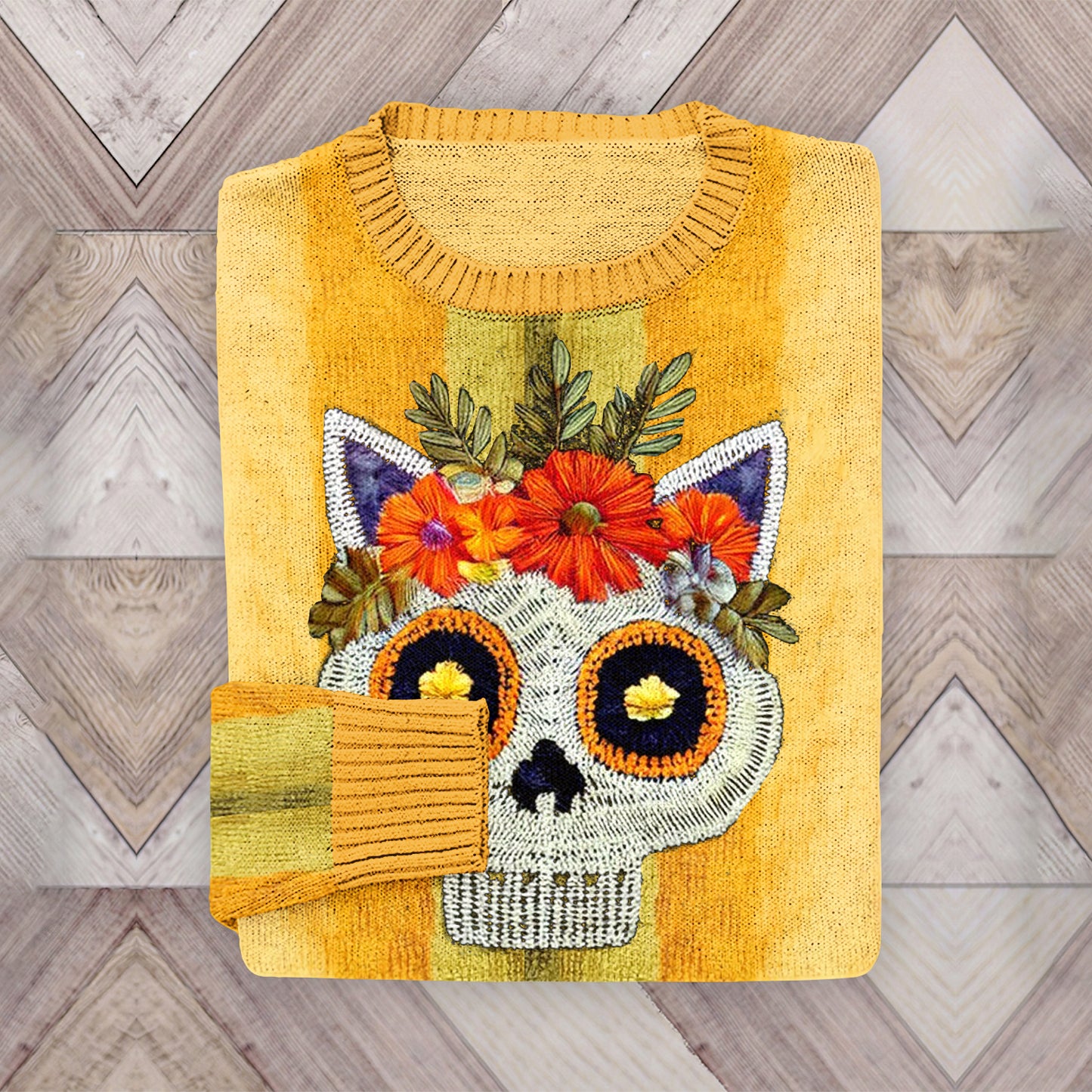 Mexican Catrina Day Of The Dead Floral Skull Cat Embroidered Art Crew Neck Sweater elevenforest