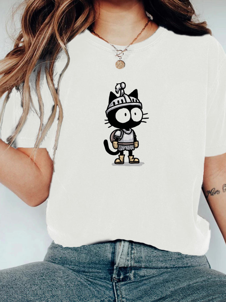 Funny Armor Little Black Cat Round Neck Women's Short-sleeved T-shirt elevenforest