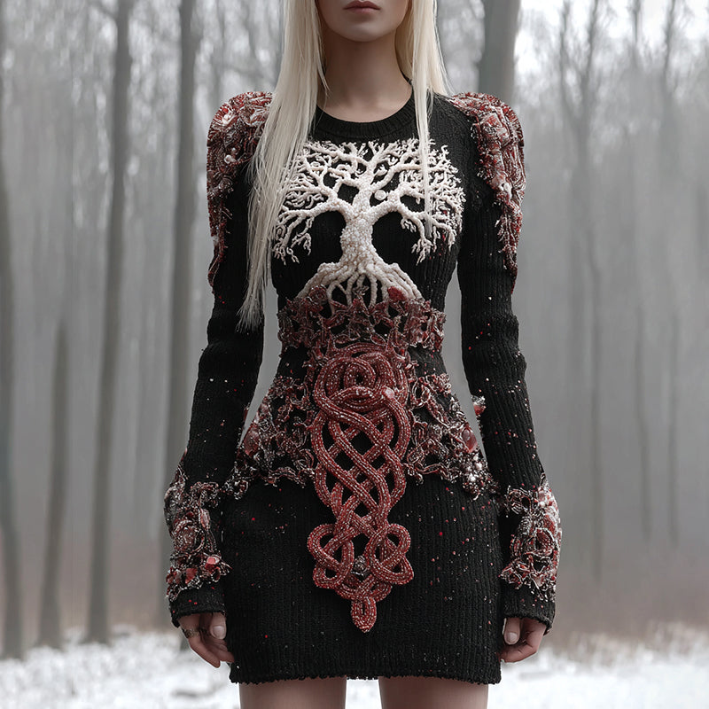 Women's Viking Celtic Knot Tree Of Life Artistic Chunky Knit Mini Skirt artswardrobe