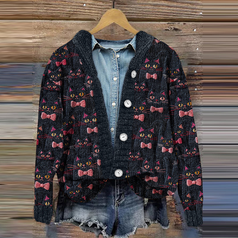 Cat Print Casual Knitted Cardigan elevenforest