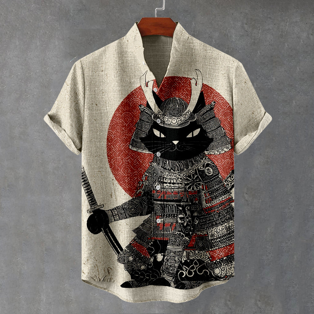 Vintage Japanese Samurai Cat Art Print Linen Shirt elevenforest