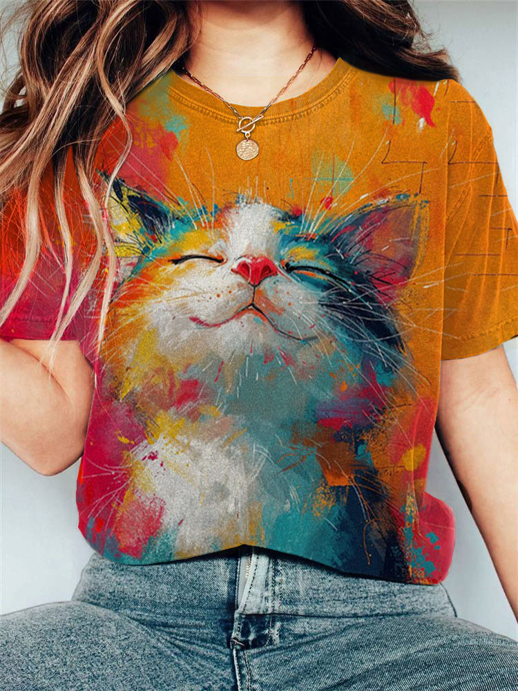 Women's Casual Japanese Art Funny Oil Panting Cat Print T-shirt elevenforest