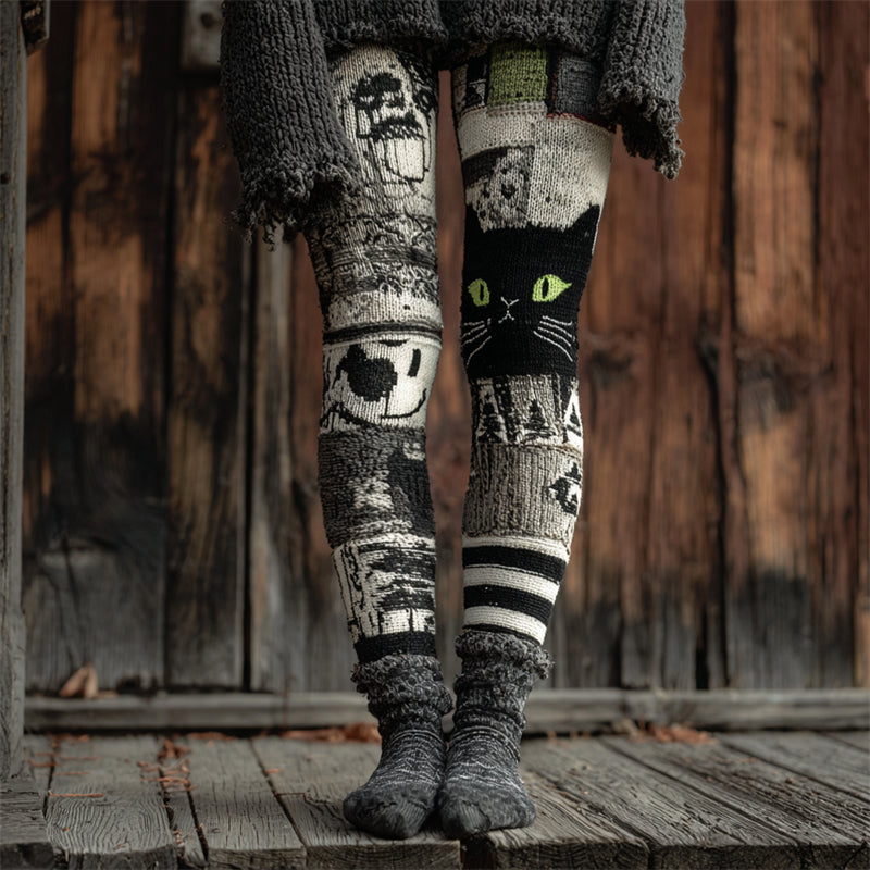 Halloween Black Cat Inspired Patchwork Cozy Knit Leggings elevenforest