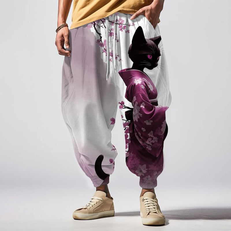 Japanese Art Elegant Sakura Kimono Cat Print Casual Loose Drawstring Waist Sweatpants elevenforest