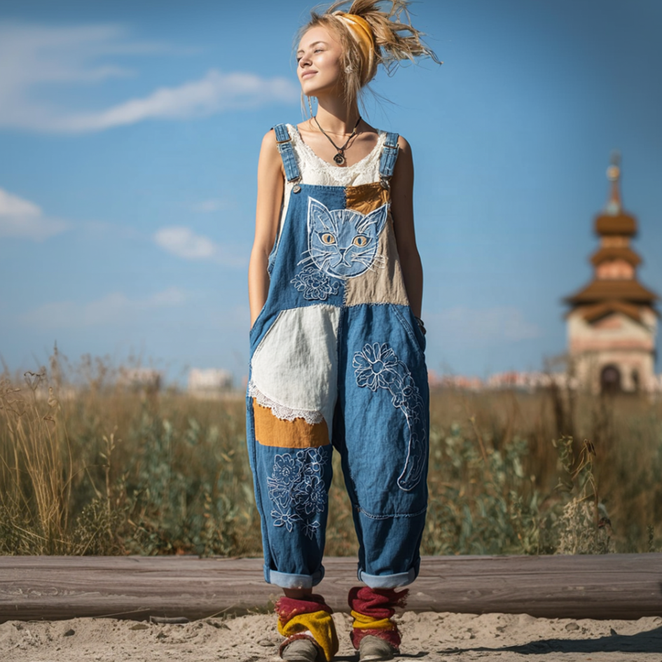 Japanese Art Style Cat And Plant Flower Pattern Embroidery Women's Cotton And Linen Overalls. elevenforest