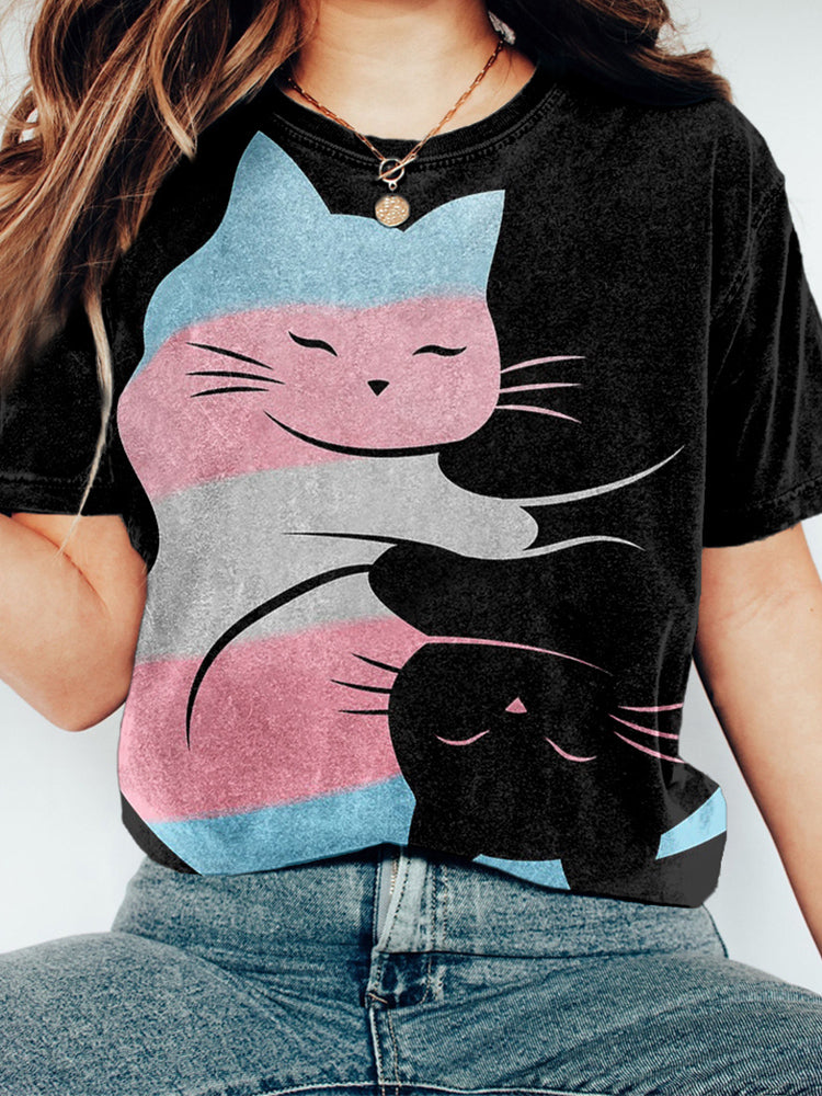Transgender Yin Yang Cat Print Vintage Cozy T Shirt elevenforest