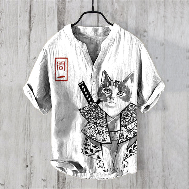 Retro Cat Bushido Japanese Art Print Half Button Linen Blend Shirt elevenforest