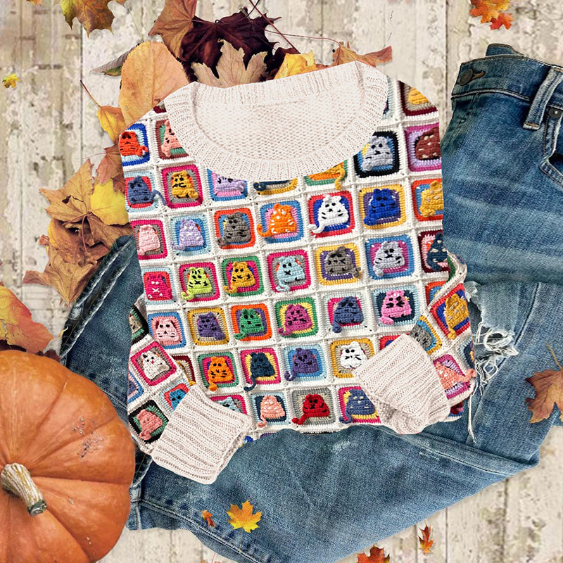 Vintage Cute Cats Knitting Patchwork Art Cozy Sweater elevenforest