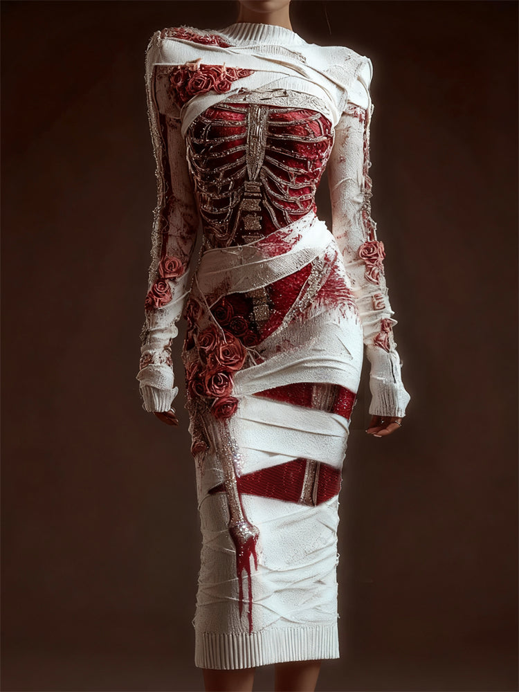 Classy Skeleton Anatomy Bloody Roses Bandages Maxi Sweater Dress artswardrobe