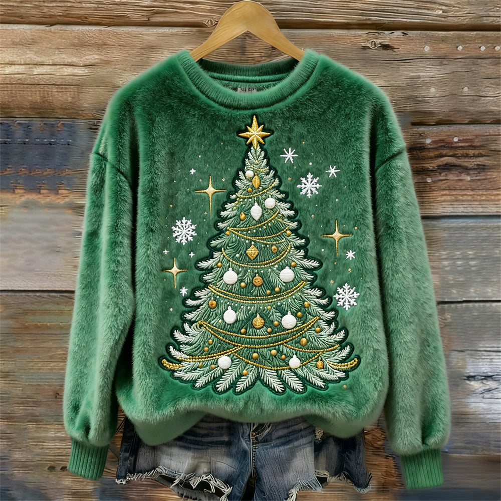 Christmas Tree Embroidered Art Women's Cozy Plush Sweater artswardrobe