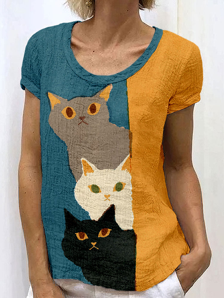 Cute Peeking Cats Pattern Linen Blend Cozy Shirt elevenforest