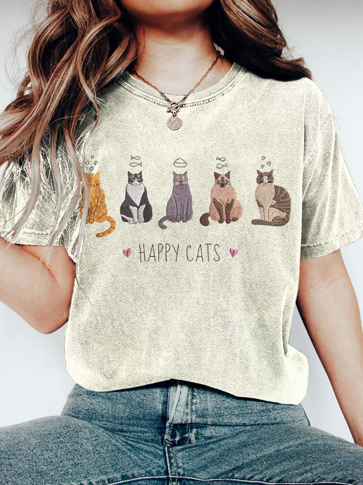Happy Cat Embroidery Vintage T-shirt elevenforest
