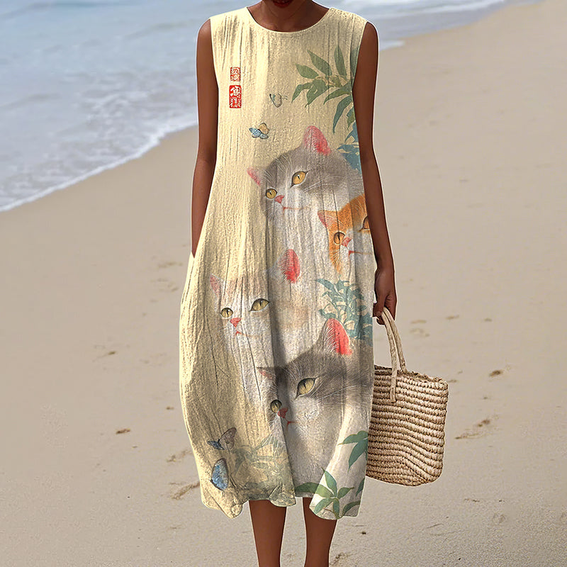 Cute Four Cats Pattern Tank Maxi Dress elevenforest