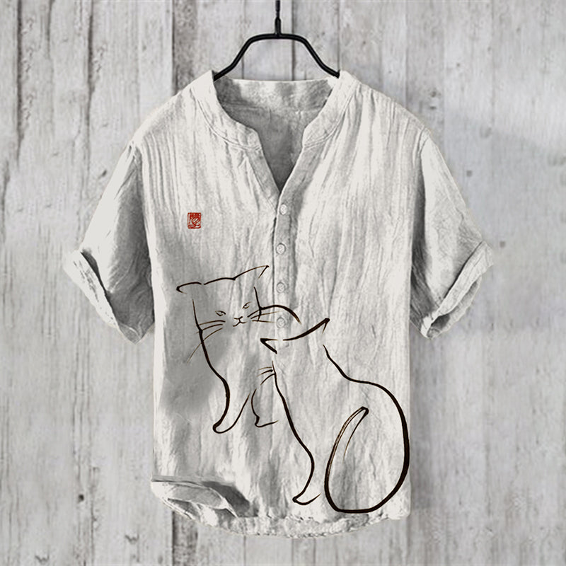 Japanese Ink Painting Of Two Cats Fight For This Is My Space Art Linen Blend Shirt elevenforest