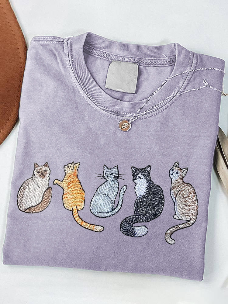Women's Cats Embroidery Pattern Short Sleeve T-Shirt elevenforest