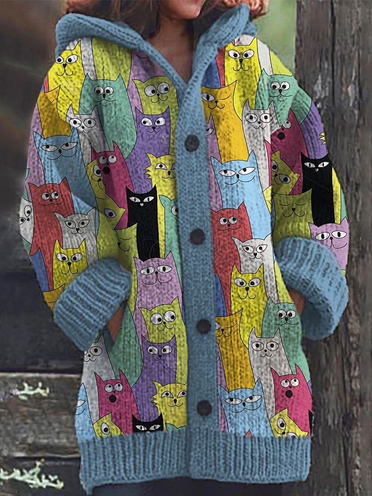 Colorful Cats Pattern Cozy Hooded Cardigan elevenforest