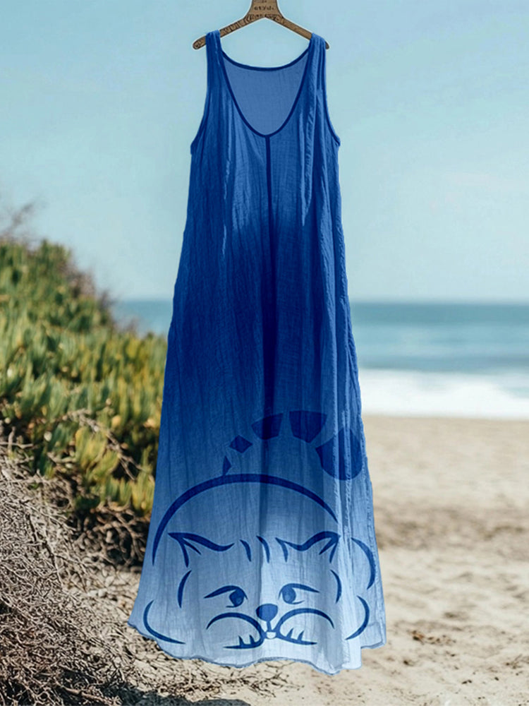 Cute Cat Print Gradient Linen Maxi Tank Dress elevenforest
