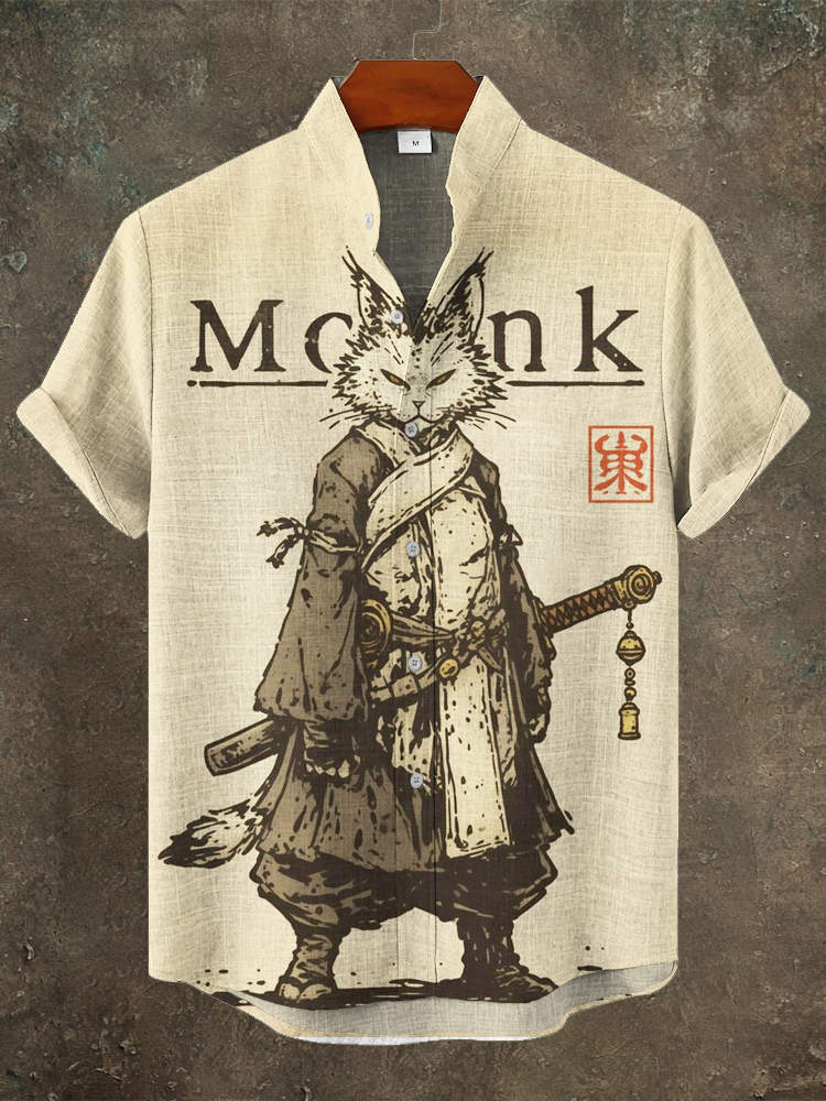 Japanese Cat Samurai Men's Linen Short Sleeve Shirt elevenforest