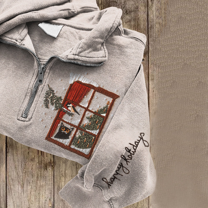 Happy Christmas Holiday Embroidery Casual Zipper Sweatshirt elevenforest