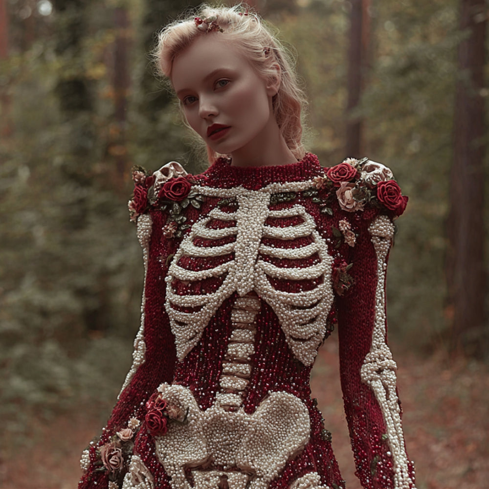 Elegant Skull And Bloody Rose Round Neck Sweater artswardrobe