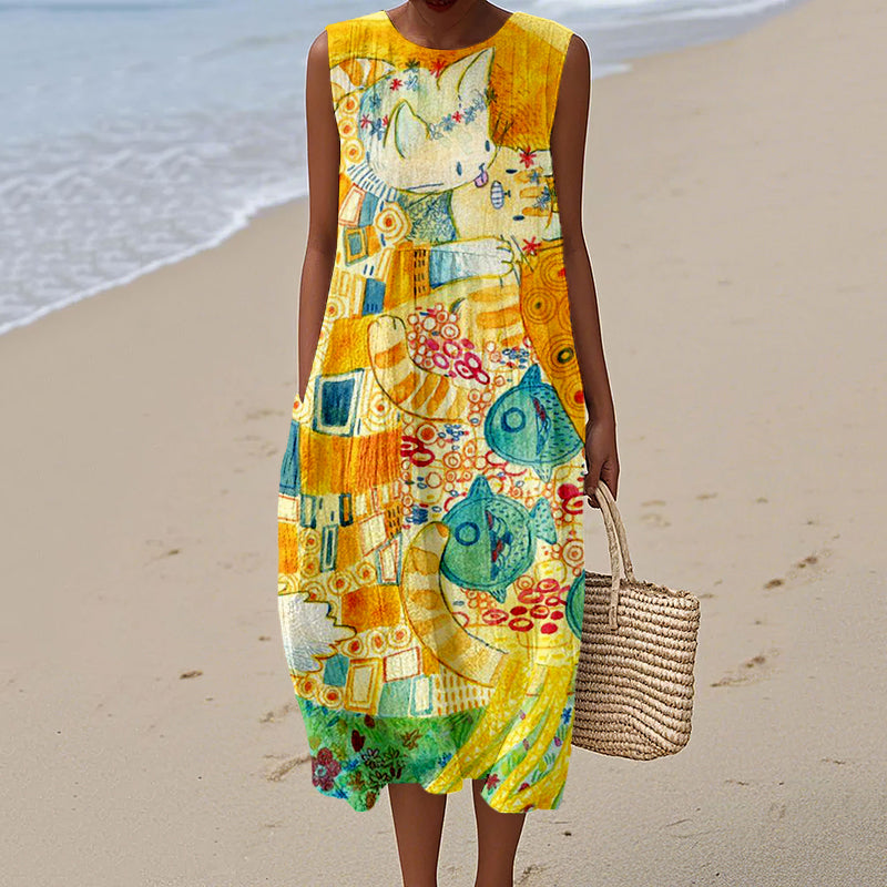 Funny Kiss Cat Art Pattern Linen Midi Tank Dress elevenforest