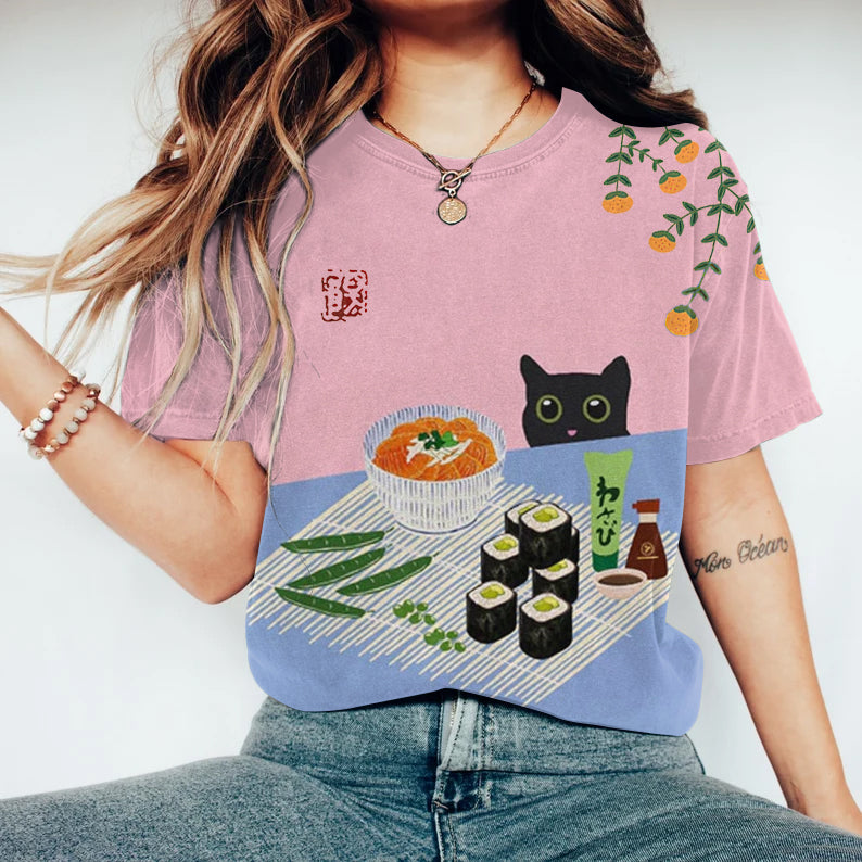 Abstract Creative Cute Cat Love Sushi And Salmon Ramen Painting Art T-Shirt elevenforest