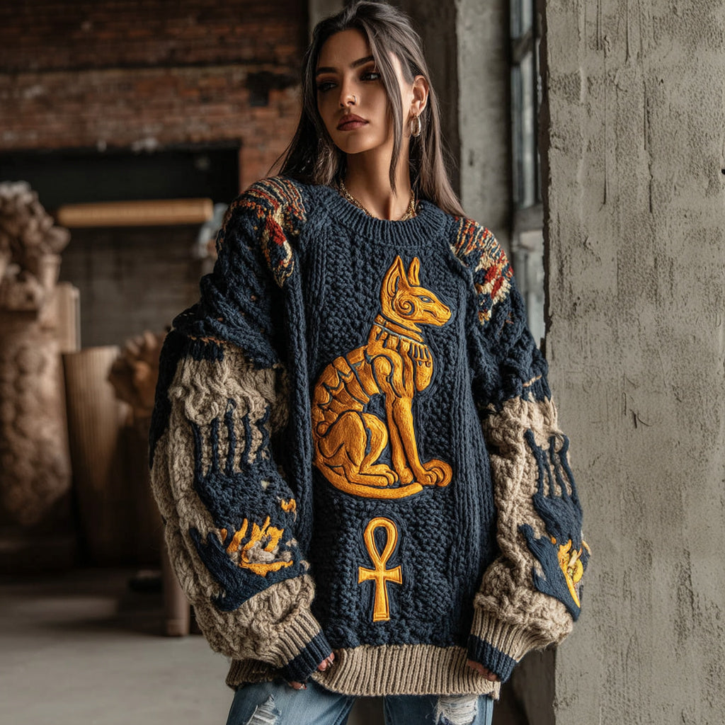 Women's Vintage Ancient Egyptian Ankh Cat Pattern Knit Pullover Sweater elevenforest