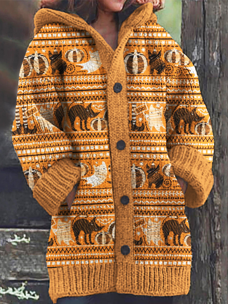 Black Cat Ghost And Black And White Pumpkin Halloween Pattern Women's Hooded Cardigan elevenforest