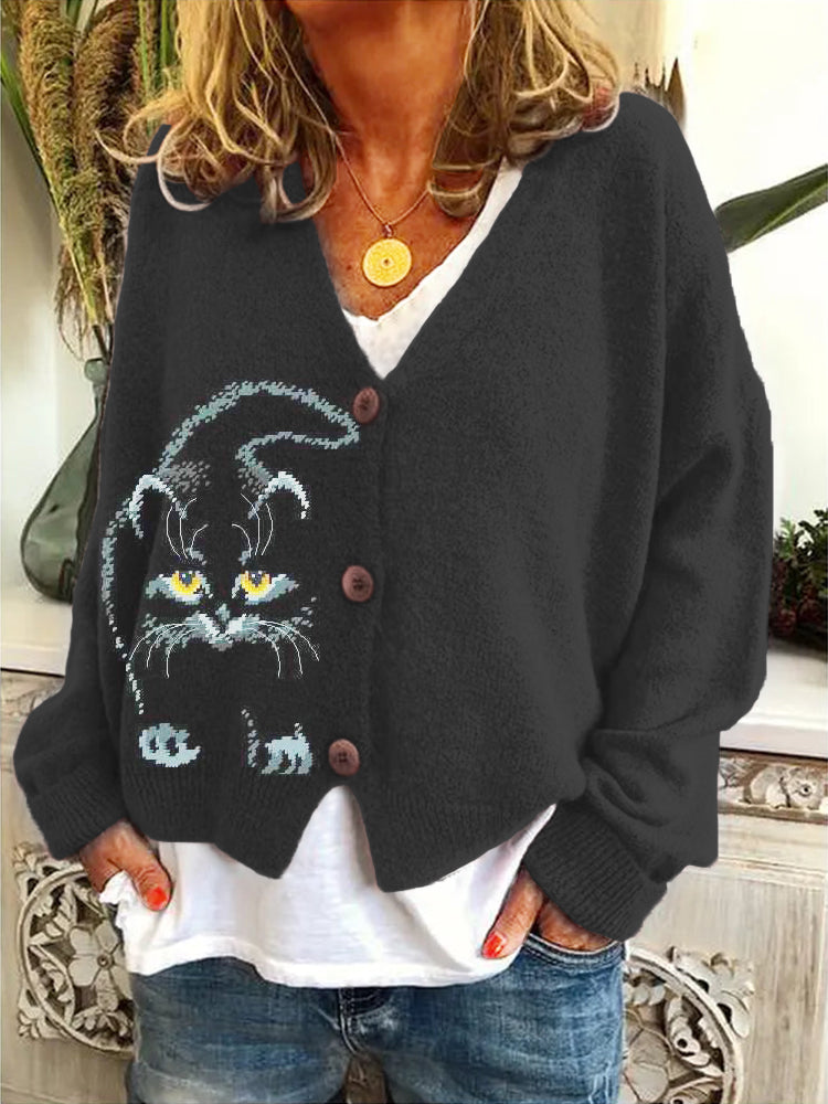 Black Cat Knit V-Neck Sweater Cardigan elevenforest