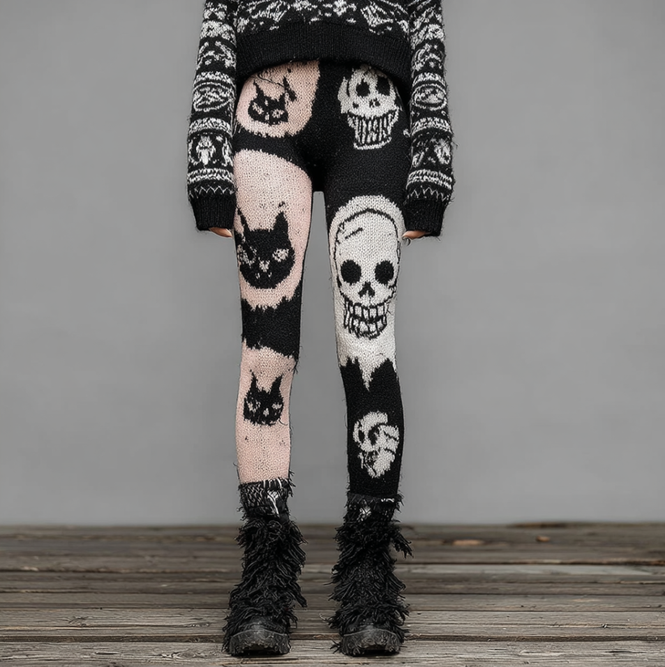 Halloween Skeleton And Cat Pattern Knitted Tight Wool Pants elevenforest