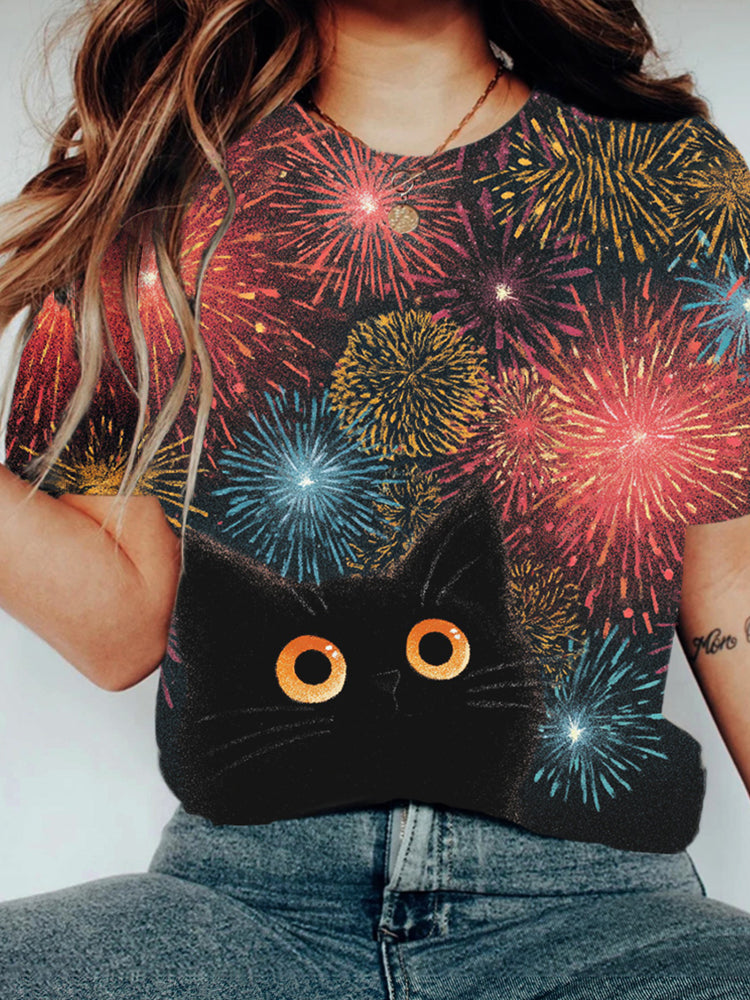 Watching Fireworks" Cat Lady Short-sleeved Round-neck T-shirt elevenforest