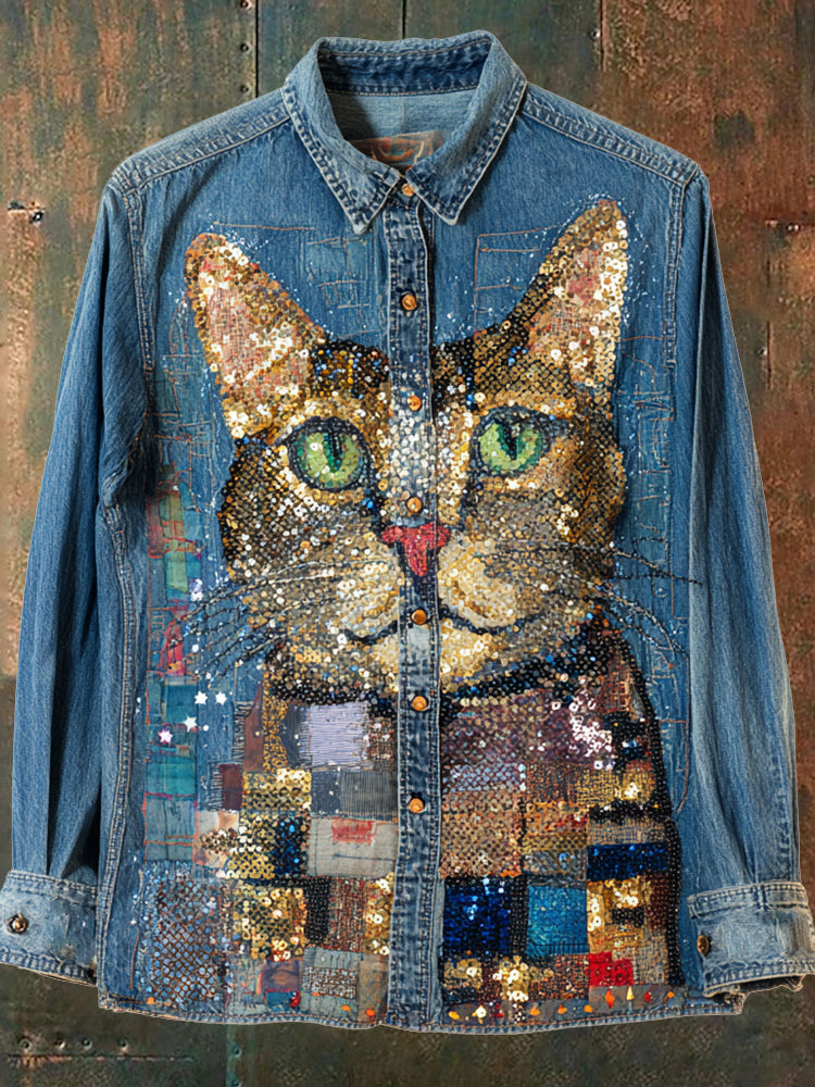 Vintage Sequined Cat Headshot Art Women's Long Sleeve Denim Shirt elevenforest