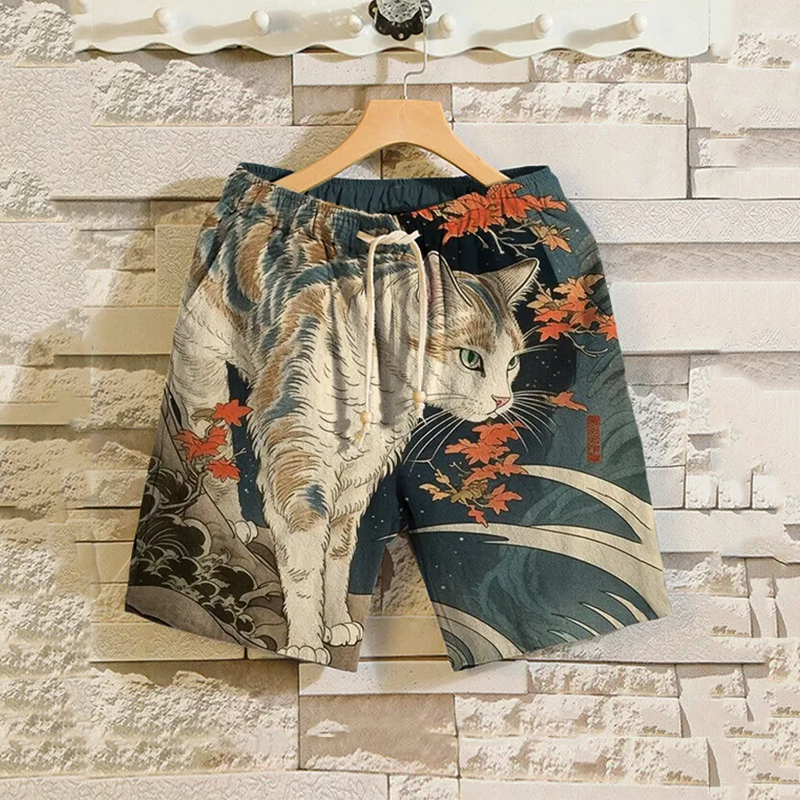 Men's Retro Cat Plant Wave Art Print Casual Shorts elevenforest