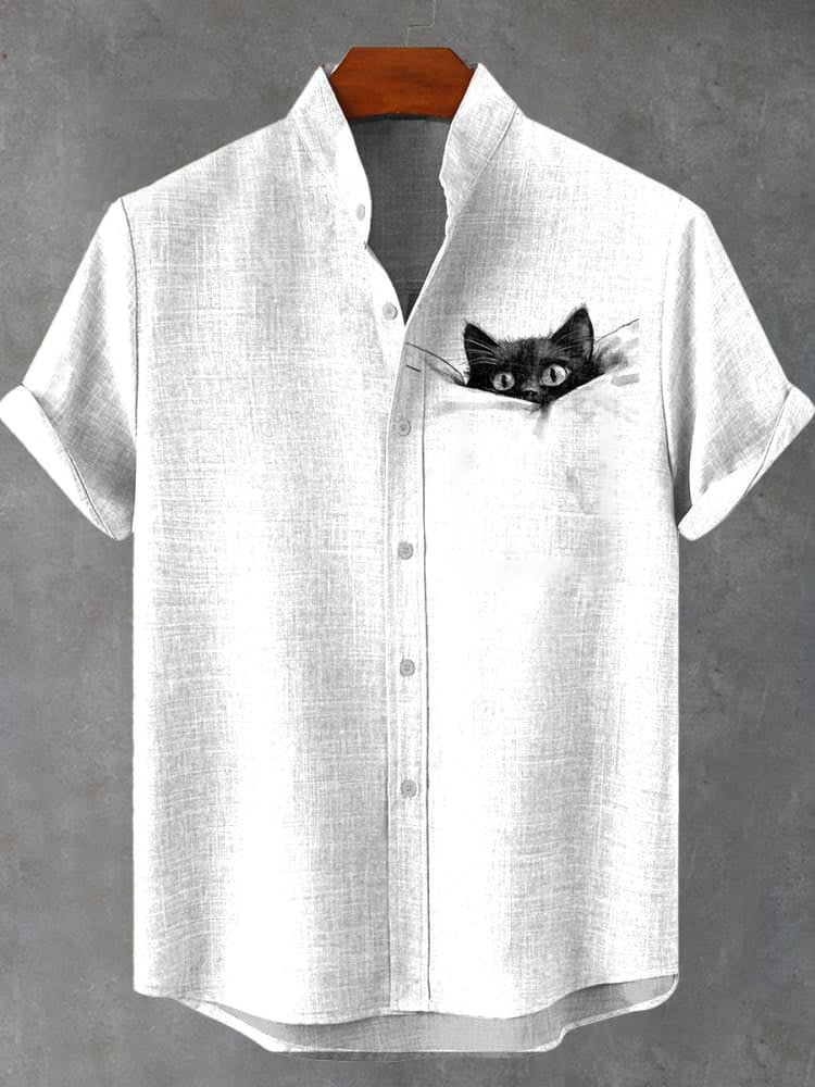 Pocket Black Cat Art Print Casual Shirt elevenforest