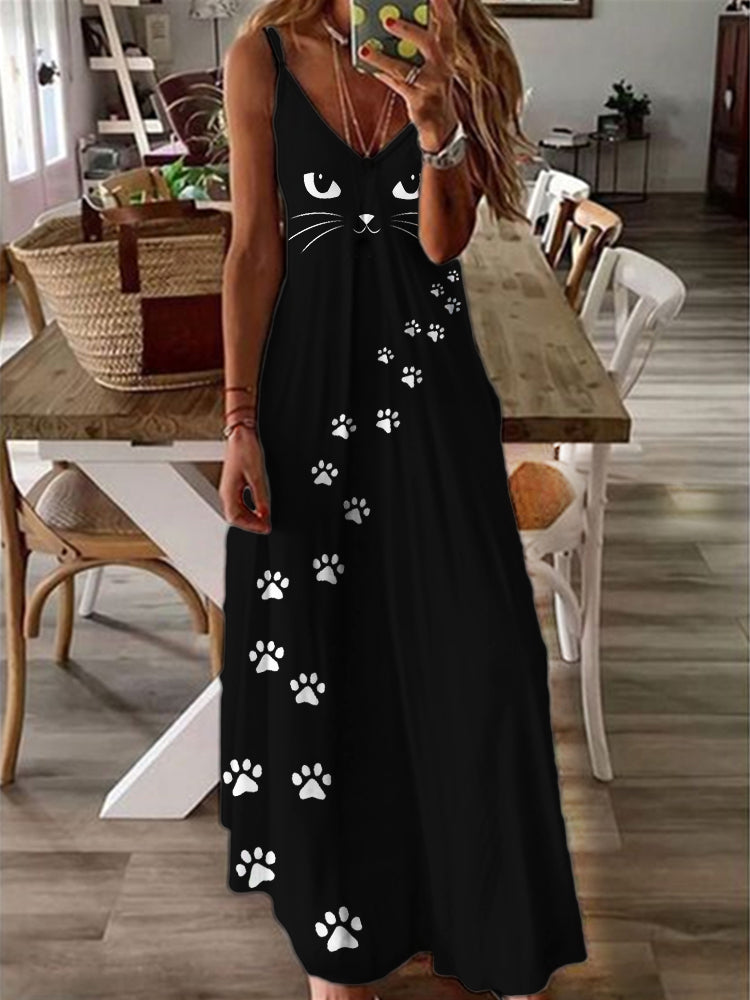 Black Cat Face Paw Print Maxi Cami Dress elevenforest