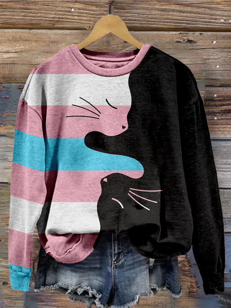 Transgender Yin Yang Cat Print Vintage Cozy Sweatshirt elevenforest
