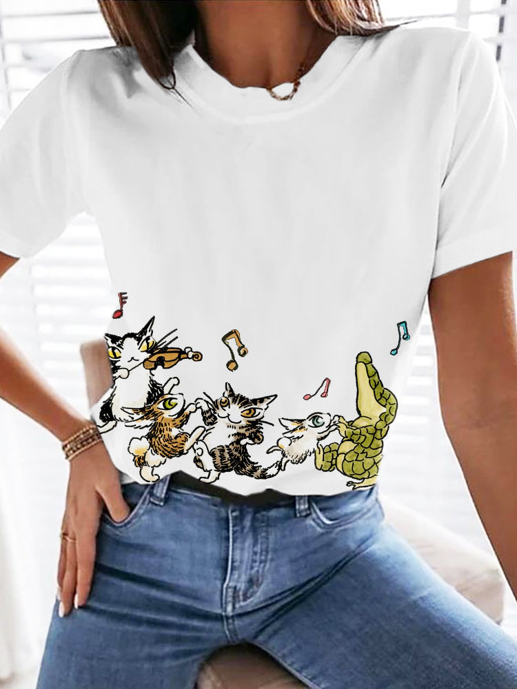 Cute Musical Cat Art Crewneck Casual T Shirt elevenforest