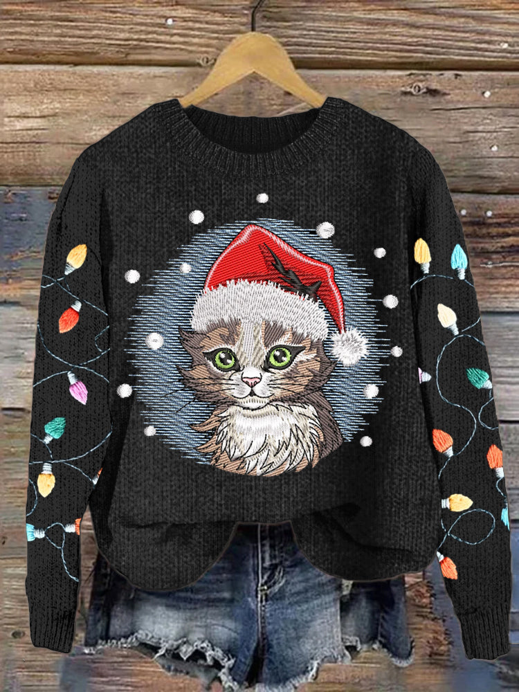 Christmas Lights & Cat Hand Embroidered Women's Cozy Sweater elevenforest