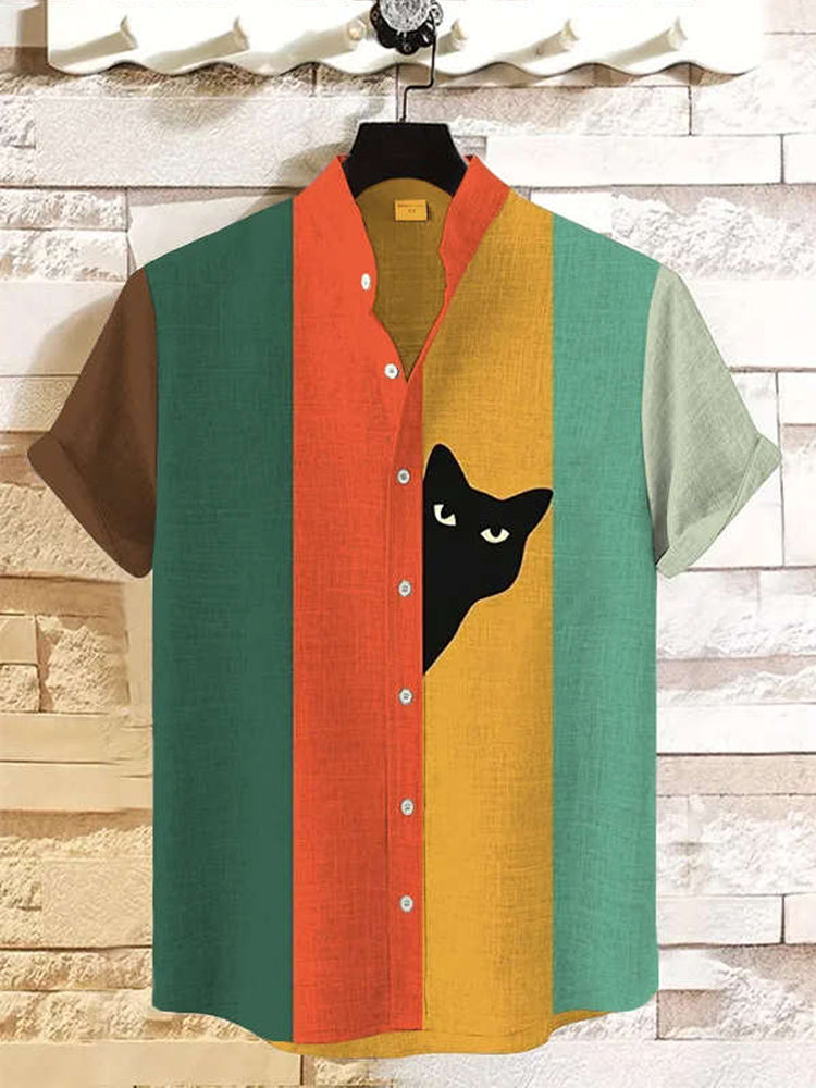 Rainbow Cat Linen Men's Short Sleeve Shirt elevenforest