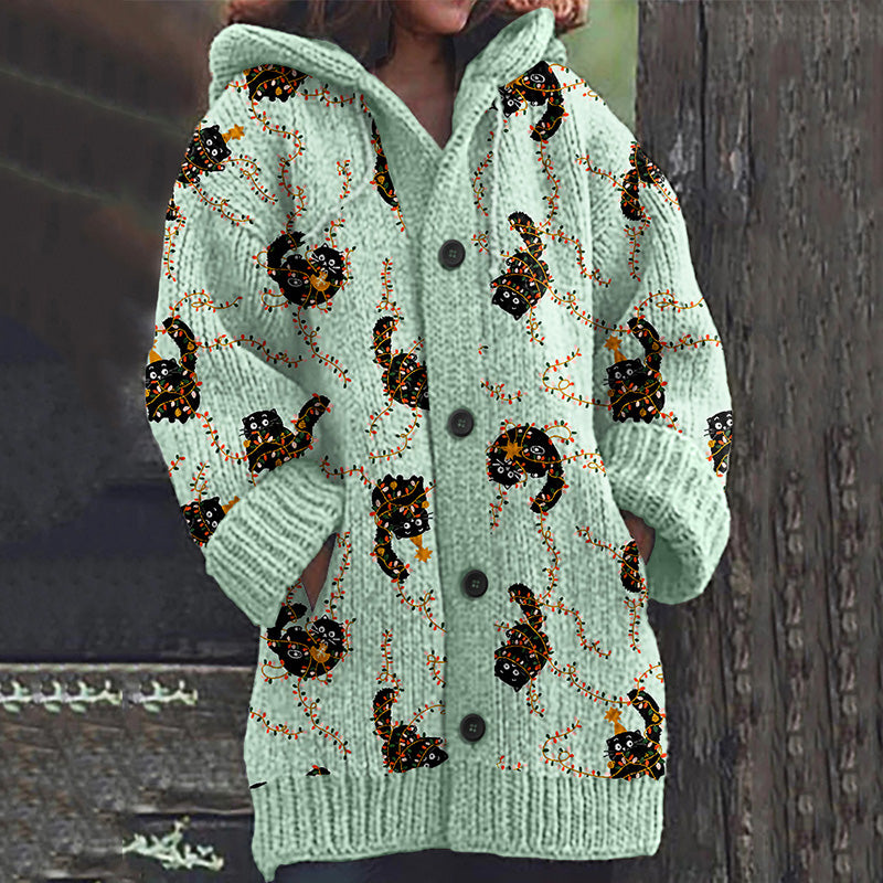 Vintage Christmas Cute Cat Cozy Button Down Sweater elevenforest