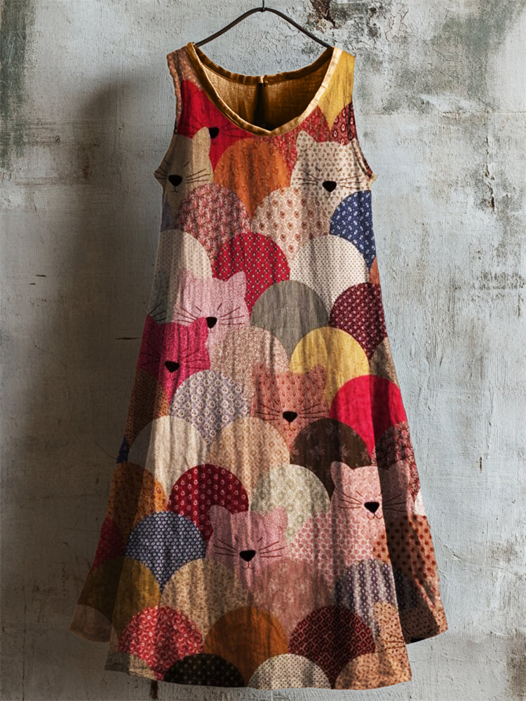 Colorful Cats Patchwork Fiber Art Linen Tank Dress elevenforest
