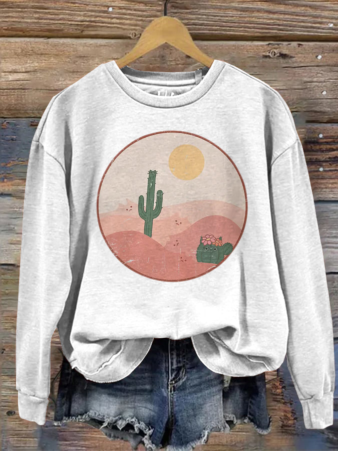 Women's Cute Cat Cactus Print Sweatshirt elevenforest